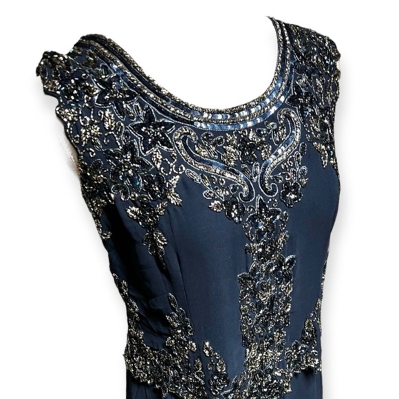 NEW J Kara Navy Mock 2 Piece Beaded Bodice Cap Sleeve Long Fit & Flare Dress - Picture 5 of 15